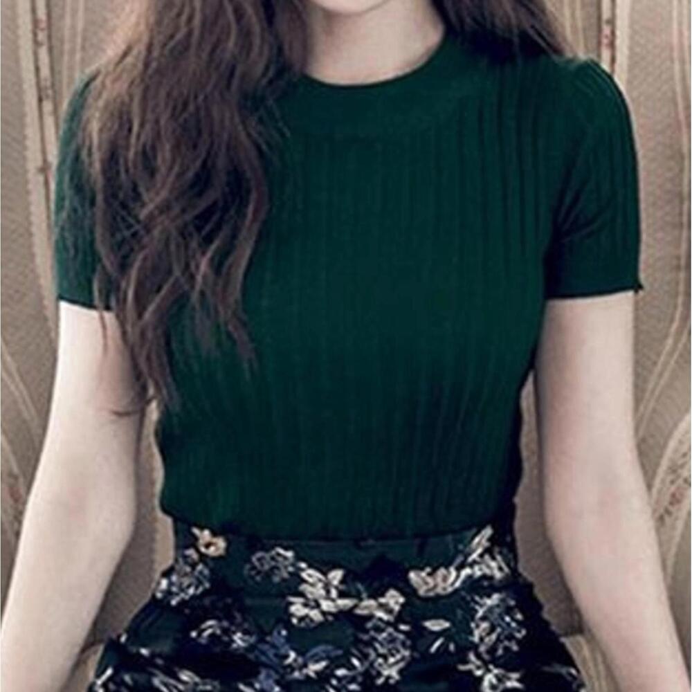 (SOLD) HAPPO Short-sleeve Ribbed Knit Top in Forest Green (ONE SIZE)